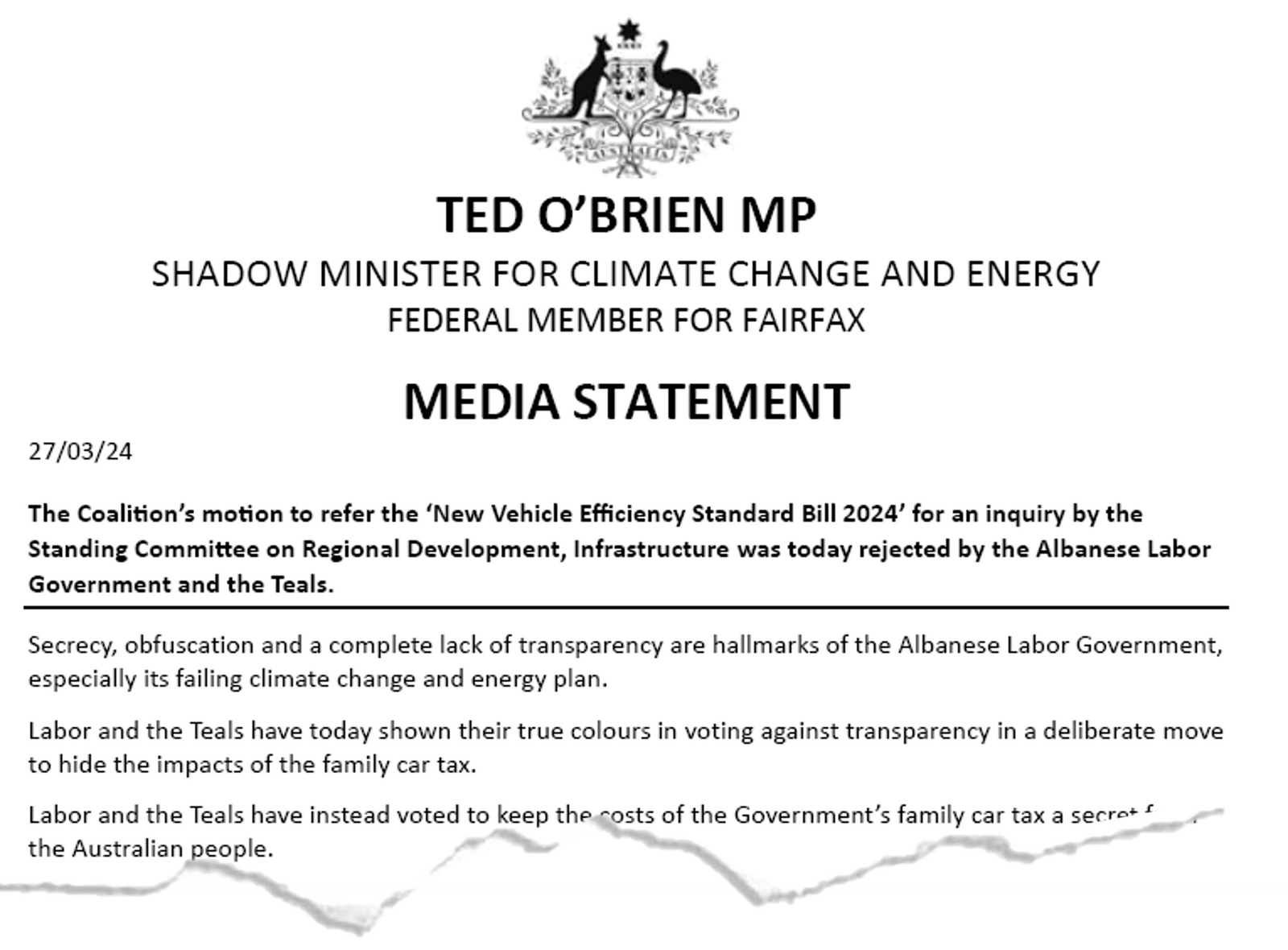 Media Statement Labor’s Car Tax Lacks Transparency Ted O'Brien